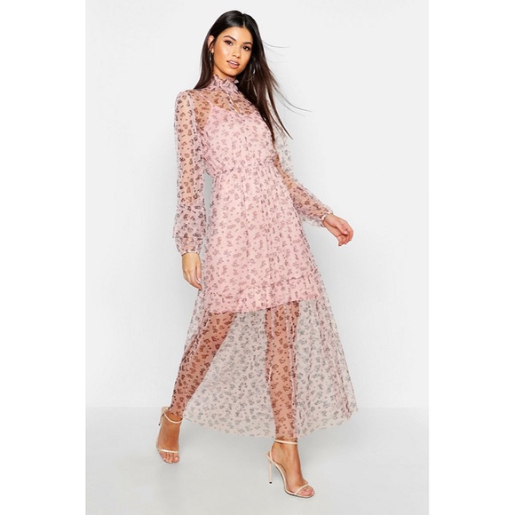 🆕BLUSH FLORAL FISHNET HIGH NECK LONG SLEEVE DRESS - Picture 11 of 11